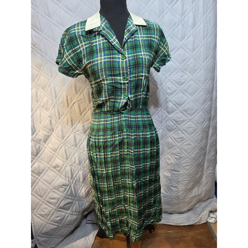 VTG Albert Nipon Plaid Shirtwaist Dress Green Blue White Collar Pleated Skirt